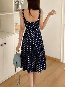 K-Vae Đầm midi nữ cổ vuông chấm bi vintage, thắt eo tôn dáng, chân váy xòe, phong cách thanh lịch Pháp, thích hợp cho các buổi hẹn hò. - Màu xanh hải quân - Xem 2