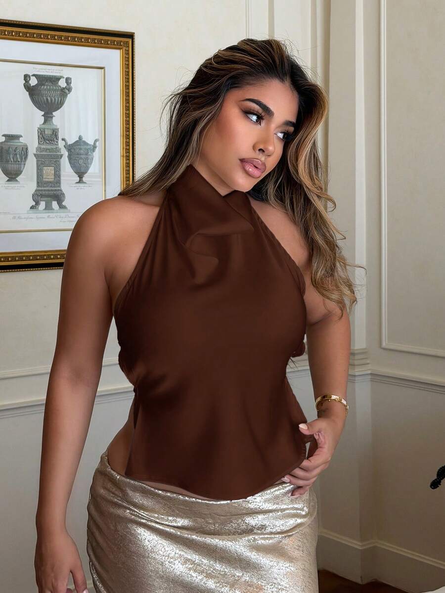 Maria Perezxox 杏色露背垂褶领女士吊带背心，性感优雅的春夏款吊带衫 - 咖啡棕 - 查看 1