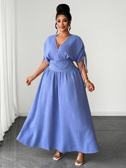 Maweii Vestido largo elegante con escote en V y mangas cortas que realza la cintura