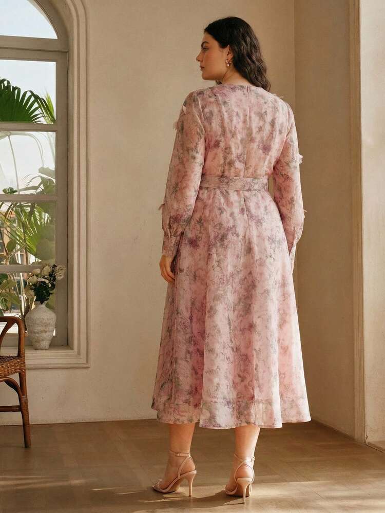Spring/Summer New Plus Size Women's Elegant Ditsy Floral Long Sleeve Ruffle Trim Pearl & Rhinestone Decor Waist Slimming Long Dress
