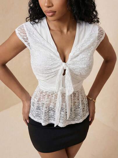 Eryvara Damen Spitze Schleife Einfarbiges Sexy T-Shirt für den Sommer