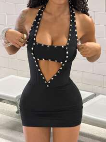 StreetHx Women's Punk Rock Rivet Deep V-Neck Backless Bodycon Mini Dress - Black - View 1