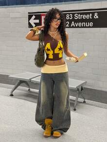 SHEIN HypeZone 街头风女装字母印花不对称肩部针织上衣，夏季 - 棕色 - 查看 2