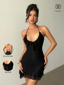 Aloruh 女士黑色露背系带荷叶边下摆迷你连衣裙女士夏季服装优雅度假服装女士休闲西装性感复活节服装狂欢服装节日毕业礼服 - 黑色 - 查看 2