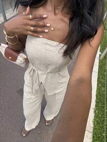 Firerie 女士优雅简约时尚通勤都市风休闲度假新款腰带抹胸上衣搭配高腰阔腿裤卡其色两件套，春夏款 - 卡其色 - 查看 3