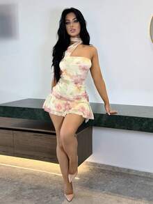 Vassilux 秋冬女式奶油黄色花卉印花紧身褶饰不对称露肩系带优雅迷你连衣裙、生日连衣裙、婚纱、鸡尾酒会连衣裙、性感优雅连衣裙、浪漫连衣裙、约会连衣裙、生日连衣裙、夜总会派对、万圣节、圣诞节、约会派对、优雅印花连衣裙 - 淡黃色 - 查看 6