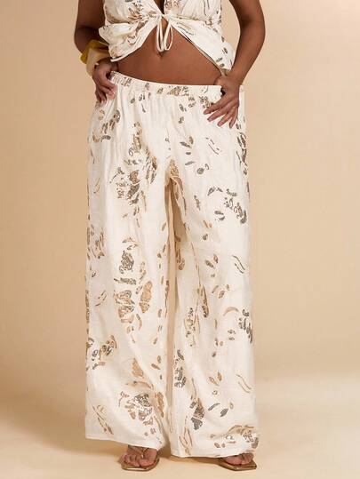 SHEIN BAE Pantalones anchos de pierna larga con cintura alta, cordón y cuentas, color albaricoque, para mujer de talla grande, pantalones casuales de verano