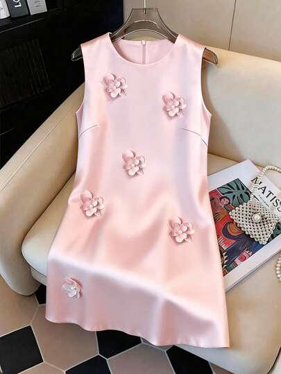 Franclia Robe femme à col rond sans manches avec décoration florale 3D de couleur unie