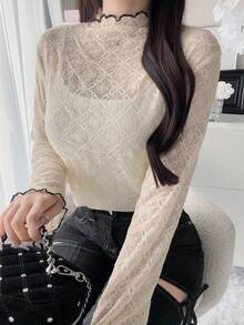 FRIFUL Kaos Wanita Lengan Panjang dengan Kerah Ruffle yang Elegan - Aprikot - View 6
