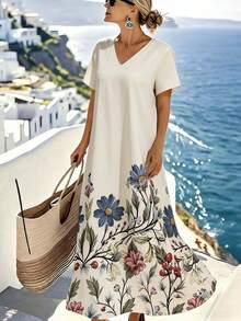 Linhara CURVE Große Größen Kleid mit Blume Muster, V-Ausschnitt, Lässig Urlaubskleid mit Kurzarm - Aprikosenfarben - Übersicht 1