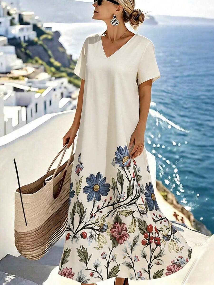 Linhara CURVE Große Größen Kleid mit Blume Muster, V-Ausschnitt, Lässig Urlaubskleid mit Kurzarm - Aprikosenfarben - Übersicht 1