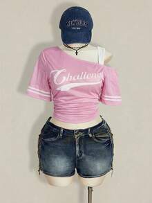 SHEIN ICON T-shirt de basketball 2 en 1 à épaule oblique pour femmes grandes tailles - Rose bonbon - Voir 6