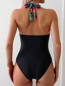 Swim Lushoire 2026 Spring/Summer Special Fabric Brown Halter Backless Pleated Deep V-Neck Fitted Elegant One-Piece Swimsuit For Women - Multicolor - View 2