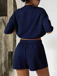 Women's Letter Print Round Neck Drop Shoulder T-Shirt And Shorts Casual 2-Piece Set - Navy Blue - View 2