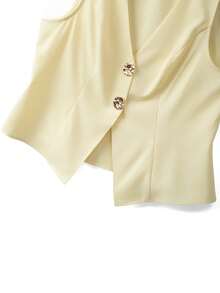 大码女式米黄色束腰背心，适合日常外出、约会、夏季轻薄西装背心、商务休闲复活节女式背心 - 黃色 - 查看 3