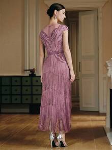 Anewsta Vestido de mujer de estilo bohemio de alta gama con parches, flecos y cuentas - Rosa vieja - Ver 2