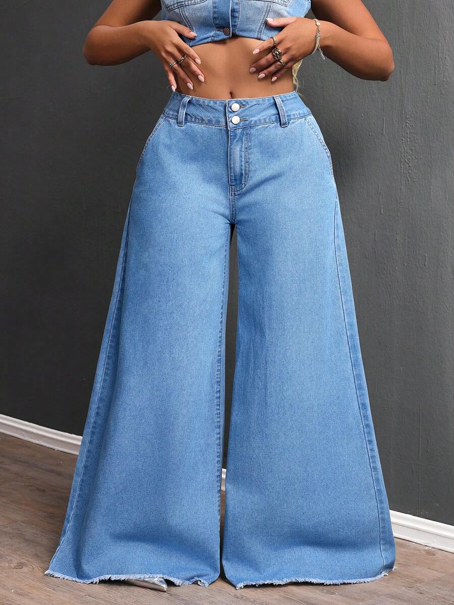 SHEIN SXY Plus Size Women Pockets Frayed Hem Loose Casual Jeans  Wide Leg Jeans Flared Jeans Jeans Y2k Oversized Jeans - Blue - View 1