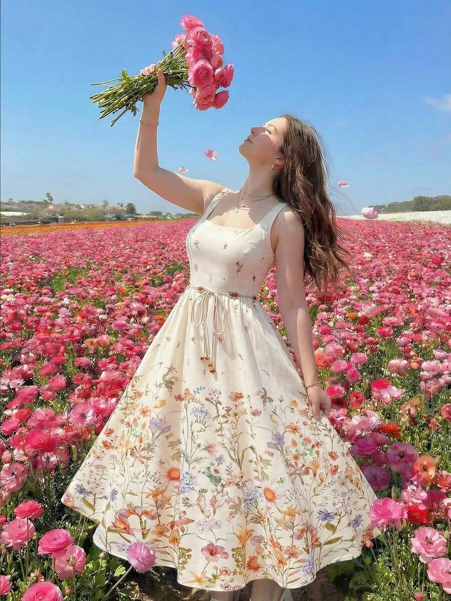 SHEIN MOD Plus Size Apricot Printed Beaded Belt Long Dress, Square Neck, Suitable For Spring/Summer Outings And Vacations