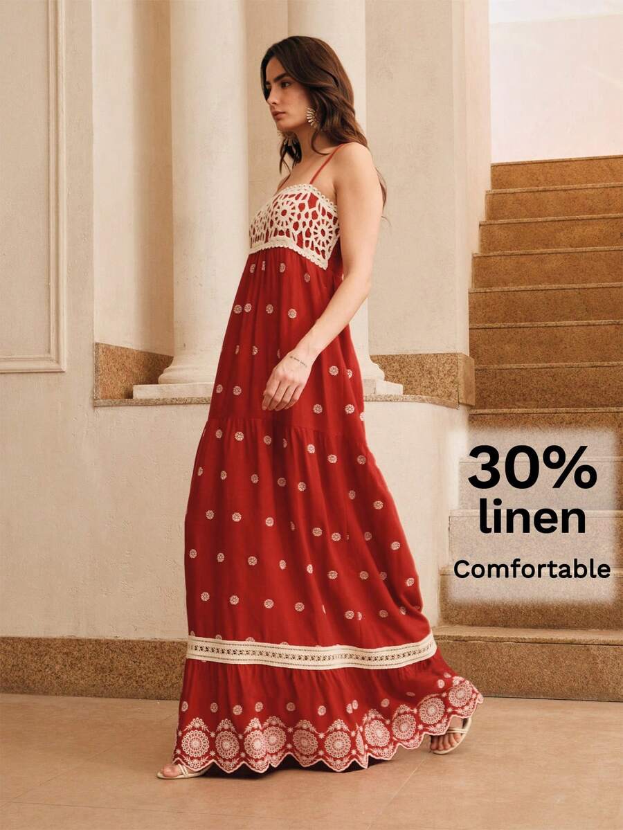 Anewsta Đầm nữ thêu hoa xếp ly, thích hợp cho kỳ nghỉ hoặc hẹn hò. - Đỏ - View 1