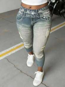 INAWLY Plus Size Women Pocket Button Distressed Casual Versatile Daily Wear Skinny Capri Leggings - Multicolor - View 3