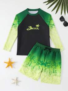 Bộ đồ bơi cho bé trai tuổi teen, áo dài tay in hình trò chơi điện tử + quần short co giãn, đồ bơi mùa hè đi biển lướt sóng. - màu xanh lá - Xem 6