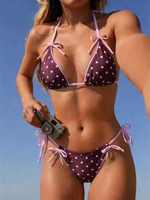 Swim Mod 两件套豹纹蝴蝶结性感女士比基尼套装，挂脖式吊带泳衣 - 彩色 - 查看 4