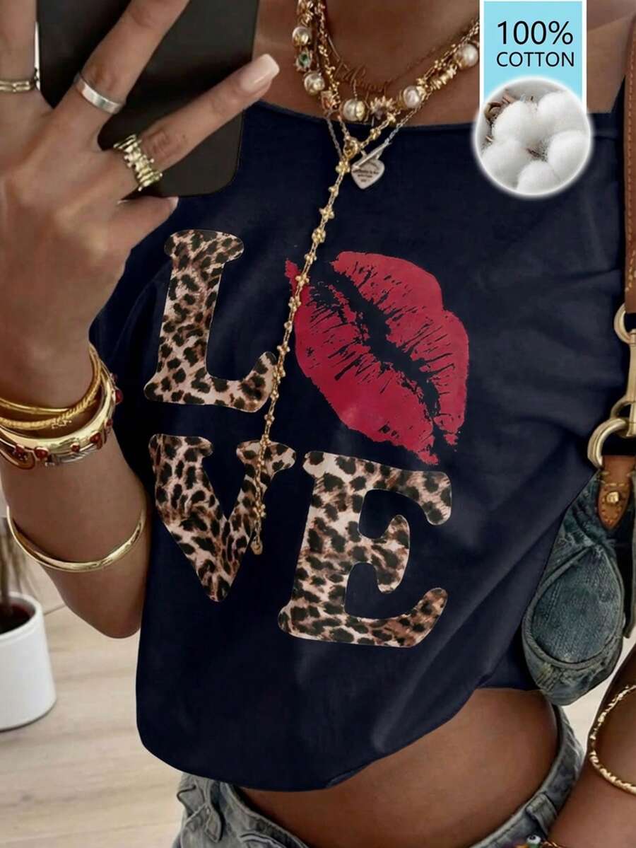 Loose Casual Leopard Print T-Shirt, Suitable For Spring, Summer, Valentine's Day, Beach, Resort Wear Graphic Tees Women - Navy Blue - View 1