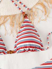 Swim Vcay 夏季沙滩三件套比基尼，针织面料挂脖吊带比基尼套装，性感优雅条纹印花泳装，适合沙滩、泳池、派对、度假穿着 - 彩色 - 查看 4