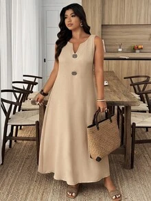 Breezaya Plus Size Women V-Neck Sleeveless Casual Loose Dress - Apricot - View 3
