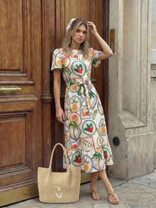 Hansera Women's Summer Casual Vacation All-Over Print Notch Neck Ruffle Hem Dress - Multicolor - View 5