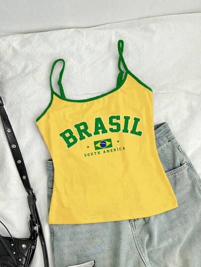 SHEIN 休闲运动风都市字母 BRAZIL 图案撞色滚边少女修身运动吊带背心，适合春夏日常穿着、街头风、运动、世界杯等场合。