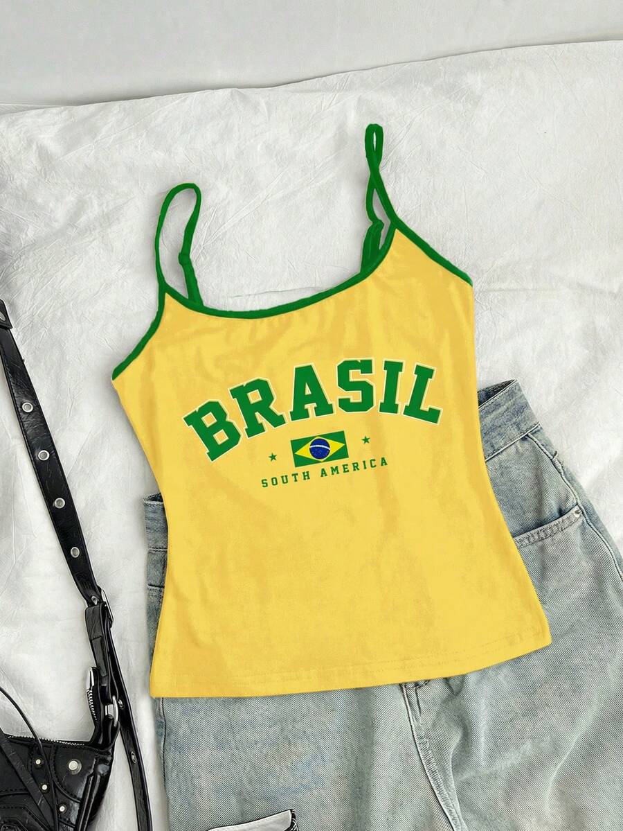 SHEIN 休闲运动风都市字母 BRAZIL 图案撞色滚边少女修身运动吊带背心,适合春夏日常穿着、街头风、运动、世界杯等场合。 - 彩色 - 查看 1