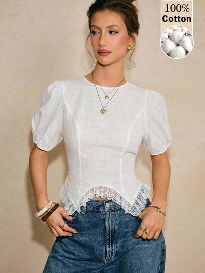 Poéselle 女士休闲日常通勤泡泡袖撞色蕾丝不对称下摆修身衬衫，夏季