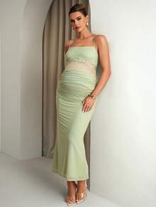 MaterniChic Đầm bầu kiểu camisole ôm sát, thanh lịch, phối ren tương phản, xếp nếp. - màu xanh lá - Xem 5