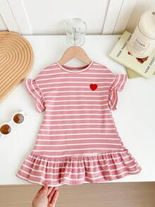 Tween Girl Pink And White Striped Knit Crew Neck Casual Dress, Summer Cute Back-To-School School Fashionable, Versatile For Party, Vacation, Tween Girl Dress - Pink - View 4