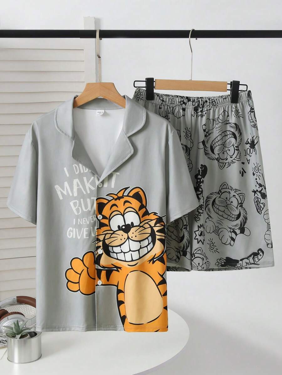 两件套休闲舒适青少年男童家居服，灰色底黄色老虎卡通印花短袖上衣和短裤 - 彩色 - 查看 1