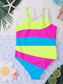 SHEIN Young Girls' Casual Minimalist Camisole One-Piece Swimsuit, Suitable For Summer - Multicolor - View 3