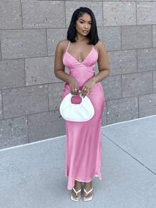 Alexandranx 杏色和白色深V领细肩带超长露背系带缎面美人鱼连衣裙，优雅连衣裙，度假连衣裙，伴娘连衣裙，生日派对连衣裙，返校/毕业连衣裙，白色连衣裙 - 淺粉色 - 查看 5