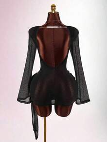 Amplova Vestido mini de cuello alto de manga larga para mujer, vestido casual sexy con espalda descubierta adecuado para picnic y senderismo de primavera - Negro - Ver 3