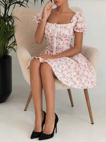 Ronhire Retro Floral Textured Off Shoulder Puff Sleeve Dress With Lace Trim Bridgerton Style Dress - Multicolor - View 4