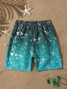 SHEIN 青少年男童弹力腰带抽绳渐变色休闲夏季百搭泳装 - 綠色 - 查看 3