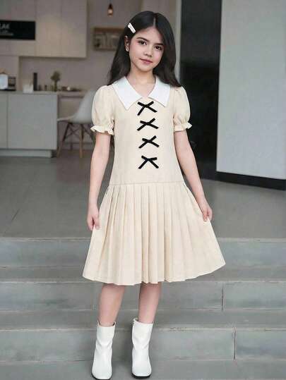 SHEIN Tween Girl Textured Fabric Contrast Color Collar Short Petal Sleeve Bow Decor Cute Dress