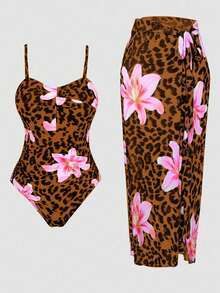 SHEIN Swim Oasis 大码扭腰连体泳衣 + 高档半裙雪纺罩衫 - 棕色 - 查看 1