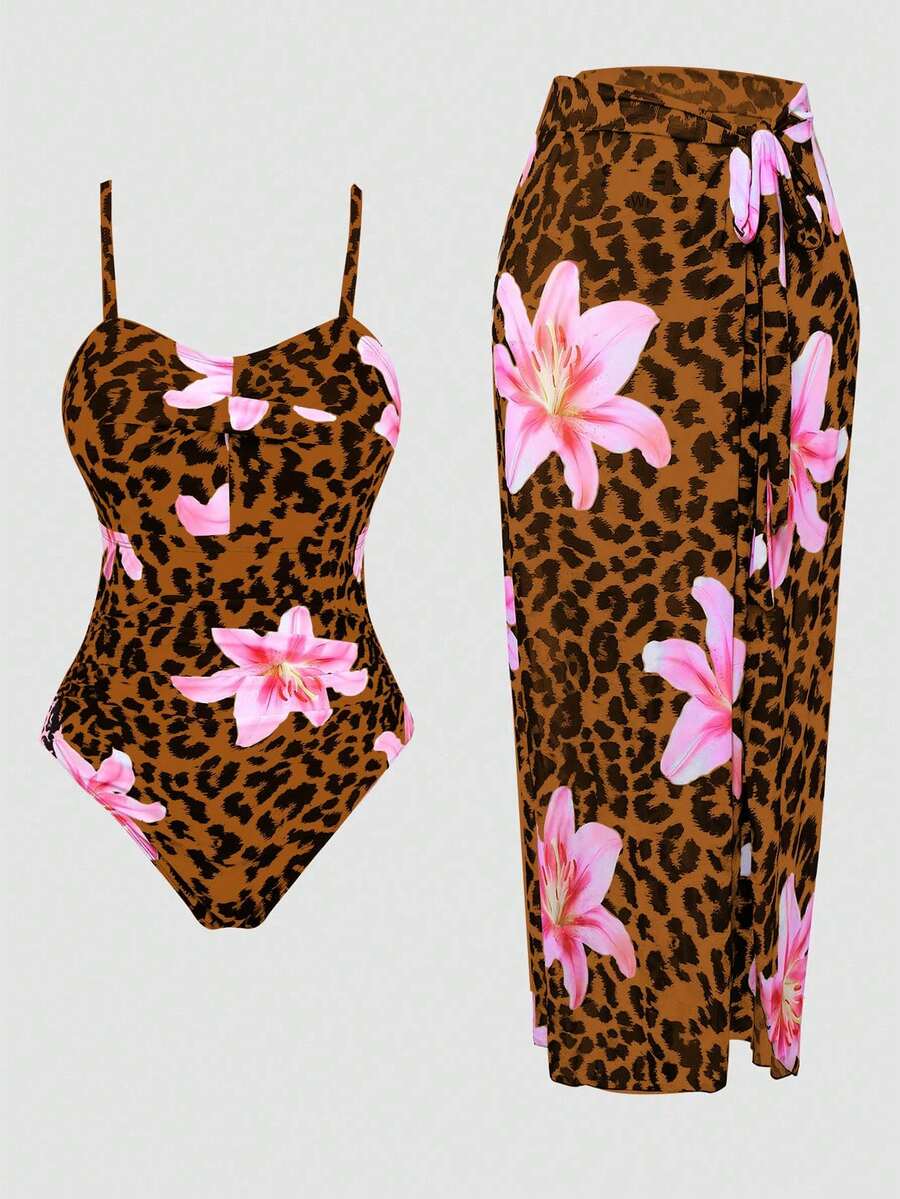 SHEIN Swim Oasis 大码扭腰连体泳衣 + 高档半裙雪纺罩衫 - 棕色 - 查看 1