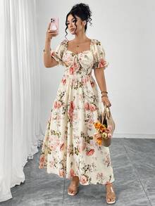 Elenzga 大码女式时尚优雅X型方领泡泡袖浪漫印花连衣裙，春夏款 - 米色 - 查看 8