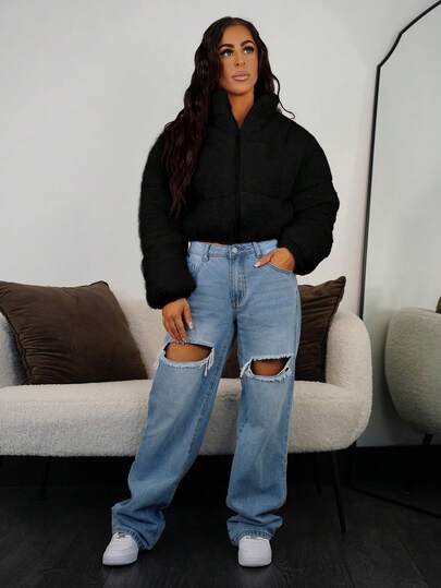 SAYEHFBABY 女士秋冬纯色长袖休闲短款蓬松夹克