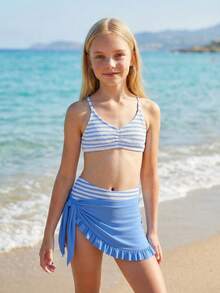 3pcs/Set Tween Girl Blue & White Knit Texture Summer Beach Striped Swimwear Set, Vacation & Holiday Girls Beach Set Swimsuit For Tweens Striped Girls Stripe Bikini With Cover Up 3 Piece Swimsuit Set For Girls Teen Girls Bathing Suit Set Girl Beach Sets - Blue - View 7