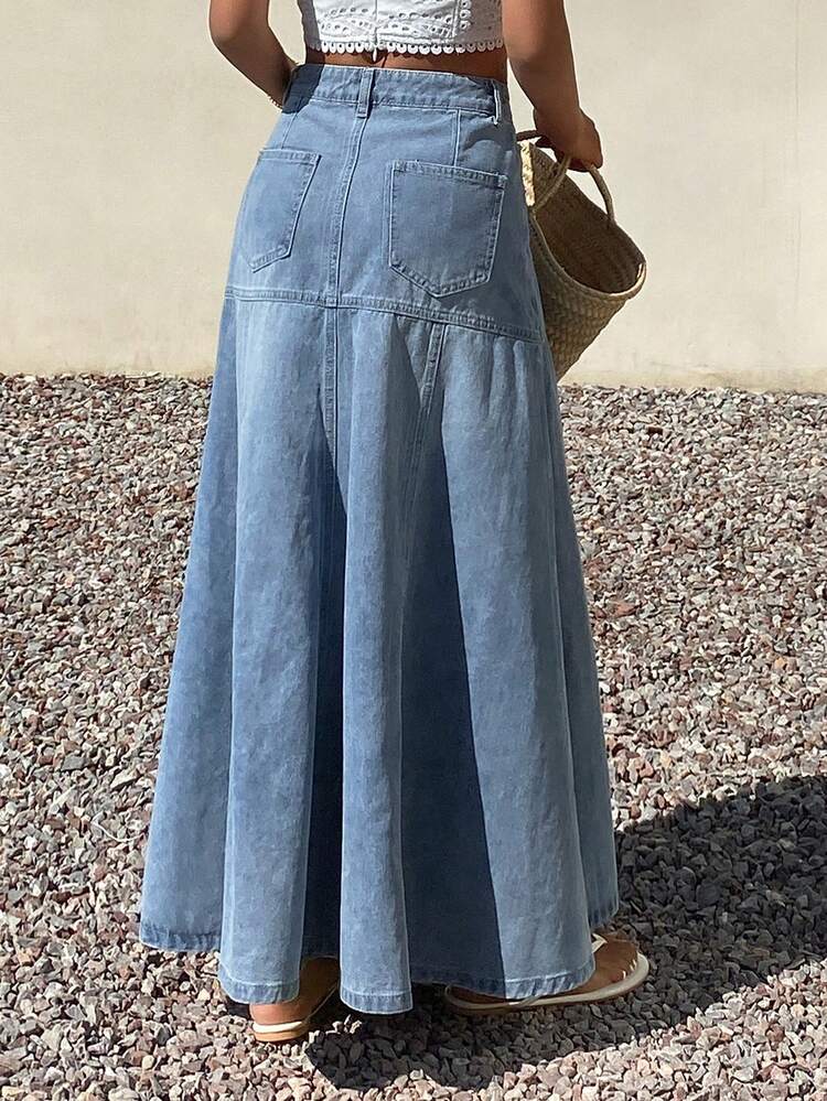 Western Cowgirl Patchwork A-Line Maxi Casual Vacation Denim Skirt For Women, Summer