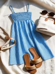Franclia 无袖褶皱收腰蓝色格子迷你连衣裙，优雅迷人，适合春、夏、秋、冬四季穿着，可用于约会、休闲、通勤、度假、商务、办公等场合，百搭实用，日常穿着尽显优雅气质，也适合海滩度假。 - 藍色 - 查看 2