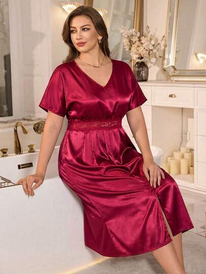 MuseNap CURVE Plus Size Women Elegant Satin Contrast Lace V-Neck Front Slit Mid-Length Nightgown